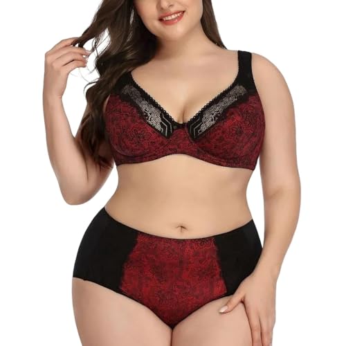 HongXINGDd Bequeme Push-up-Schleife aus Spitze für Damen in Übergröße Plus BH- und Höschen-Set Red 85D von HongXINGDd