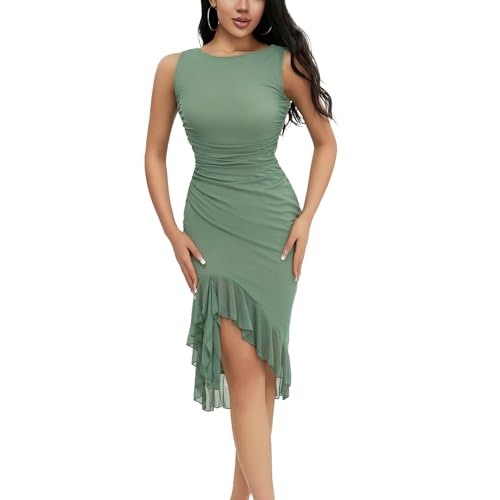 Honganda Damen Elegant Bodycon Midi Kleid Ärmellos Mesh Rüschen Saum Meerjungfrau Schwanz Sommer Tank Kleid Cocktail Party, Grün , Groß von Honganda