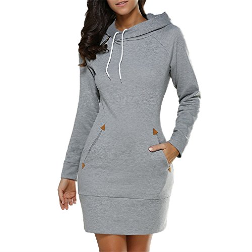 Honghu Damen Casual Langarm Crew Neck Hals Kapuzenpullover Slim Fit Freizeit Kleid Größe M Hellgrau von Honghu