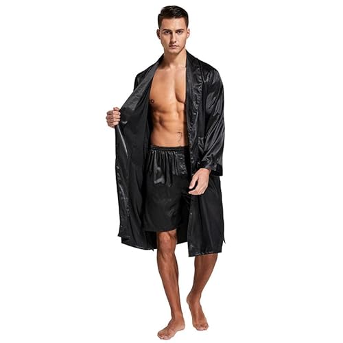 Honghuang Herren Satin Robe Leichter Langärmliger Kimono-Bademantel Aus Seide mit Shorts Set Nachtwäsche von Honghuang