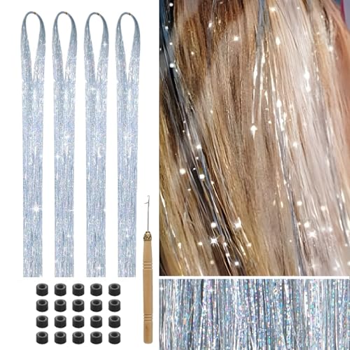 Hongma 4 Stück glitzernde Haar-Lametta-Verlängerungen, 800 Stränge, farbiges Haar-Lametta-Set, silberne geflochtene Haar-Lametta-Perücke, für Frauen und Mädchen, Haardekoration Hongma 4 Stück glitzernde Haar-Lametta-Verlängerungen, 800 Stränge, farbiges Haar-Lametta-Set, silberne geflochtene Haar-Lametta-Perücke, für Frauen und Mädchen, Haardekoration von Hongma