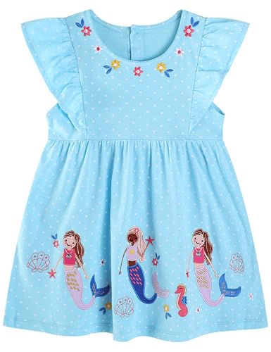 Hongshilian Kleinkind Mädchen Casual Blumenkleid Cartoon Print Sommerkleidung 2-7 Jahre, Aquablue&Meerjungfrau, 116 von Hongshilian