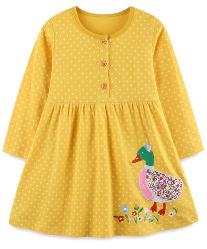 Hongshilian Mädchen Cartoon Kleid Applique Party Kleider Casual Jersey Baumwolle Langarm, Gelb und Ente, 3 Jahre von Hongshilian