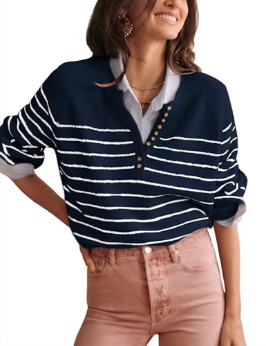 Hongsui Damen-Pullover mit Farbblock, gestreift, Knopfleiste, Rundhalsausschnitt, gerippter Strickpullover, Marineblau, X-Groß von Hongsui