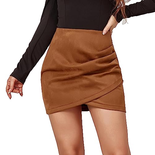 Damen High Waist Faux Wildleder Rüschen Reißverschluss Zurück Asymmetrischer Saum Bodycon A-Linie Mini Rock von Hongsuny