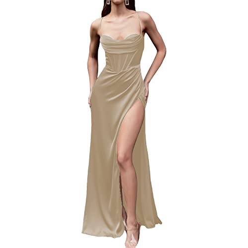 Damen Satin Halter Spaghetti Träger Hoher Schlitz Plissee Bodycon Abend Formale Kleider Bodenlang Maxikleid von Hongsuny