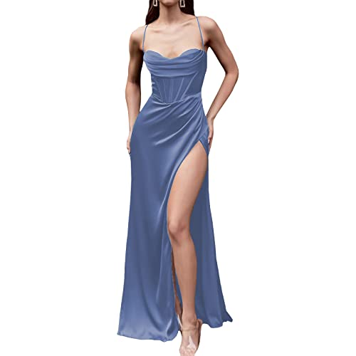 Damen Satin Halter Spaghetti Träger Hoher Schlitz Plissee Bodycon Abend Formale Kleider Bodenlang Maxikleid von Hongsuny