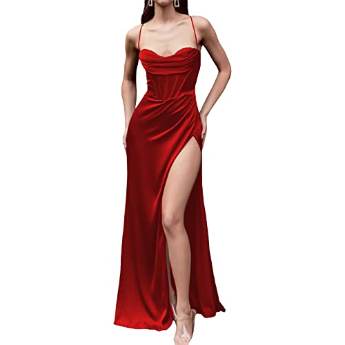 Damen Satin Halter Spaghetti Träger Hoher Schlitz Plissee Bodycon Abend Formale Kleider Bodenlang Maxikleid von Hongsuny