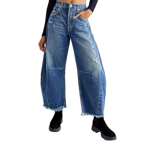 Damenmode Baggy Jeans Fass Hufeisen Freund Cropped Raw Saum Vintage Weites Bein Denim Hosen von Hongsuny