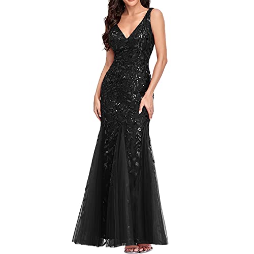 Hongsuny Damen Sexy Paillette Ärmellos Doppel V-Ausschnitt Stickerei Spitze Tüll Applikationen Elegante Meerjungfrau Abend Party Formelle Cocktail Maxi Kleid von Hongsuny