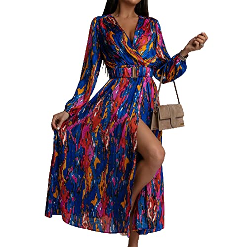 Hongsuny Frauen Casual Sexy Langarm V-Ausschnitt Floral Print High Schlitz Boho Cocktail Party Maxi Kleid von Hongsuny