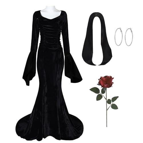 Hongsuny Frauen Morticia Addams Mittwoch Langes Kleid Halloween Cosplay Perücke Rote Rosen Blumen Volles Set von Hongsuny