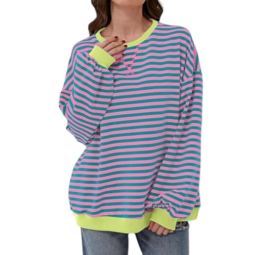 Women's Casual Crew Neck Long Sleeve Striped Color Block Oversized Pullover Sweatshirt Top von Hongsuny