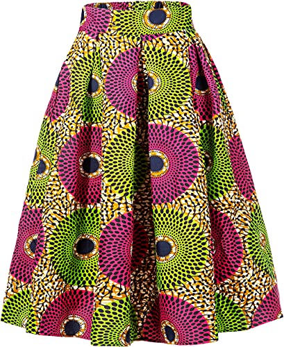 HongyuAmy Damen Afriacn Hohe Taille Vintage Rock Ankara Plissee Midirock mit Taschen, Farbe C, Klein von HongyuAmy