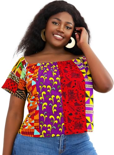 HongyuAmy Damen Bluse mit afrikanischem Druck, Patchwork-Stoffbluse, Farbe A, Klein von HongyuAmy