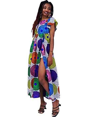 HongyuAmy Damen Maxikleid mit afrikanischem Druck, Blumenkleid, Ankara, Rüschenärmel, vorne geschlitzt, Farbe A, 3X-Groß von HongyuAmy