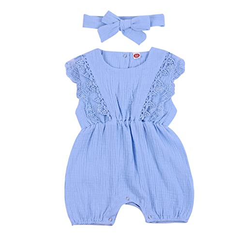 Hongyuangl Sommer Strampler Shorts, Baby Mädchen Body aus Baumwolle und Leinen Einteiler Jumpsuit Shorts + Stirnband (0-3 Monate, Blau) von Hongyuangl