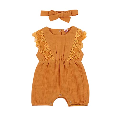 Hongyuangl Sommer Strampler Shorts, Baby Mädchen Body aus Baumwolle und Leinen Einteiler Jumpsuit Shorts + Stirnband (0-3 Monate, Gelb) von Hongyuangl