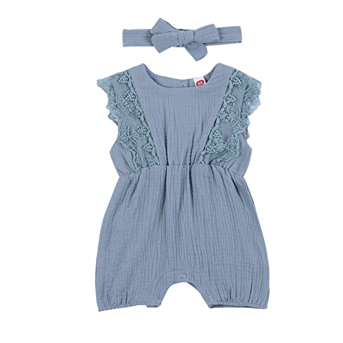 Hongyuangl Sommer Strampler Shorts, Baby Mädchen Body aus Baumwolle und Leinen Einteiler Jumpsuit Shorts + Stirnband (0-3 Monate, Grün) von Hongyuangl