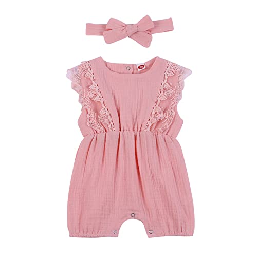 Hongyuangl Sommer Strampler Shorts, Baby Mädchen Body aus Baumwolle und Leinen Einteiler Jumpsuit Shorts + Stirnband (0-3 Monate, Rosa) von Hongyuangl