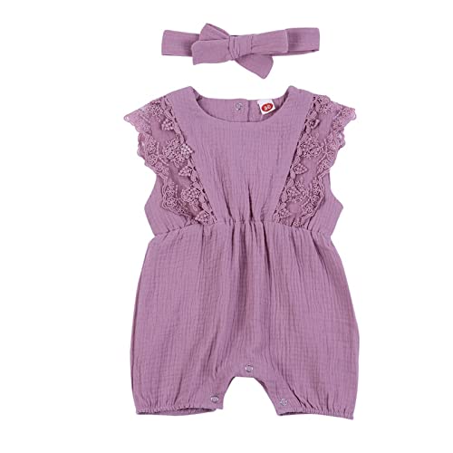 Hongyuangl Sommer Strampler Shorts, Baby Mädchen Body aus Baumwolle und Leinen Einteiler Jumpsuit Shorts + Stirnband (0-3 Monate, Violett) von Hongyuangl