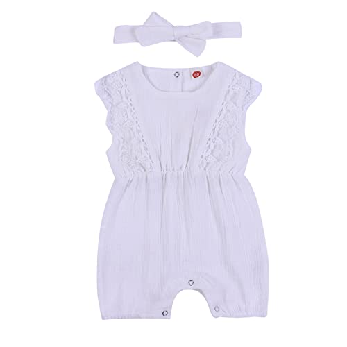 Hongyuangl Sommer Strampler Shorts, Baby Mädchen Body aus Baumwolle und Leinen Einteiler Jumpsuit Shorts + Stirnband (12-24 Monate, Weiß) von Hongyuangl