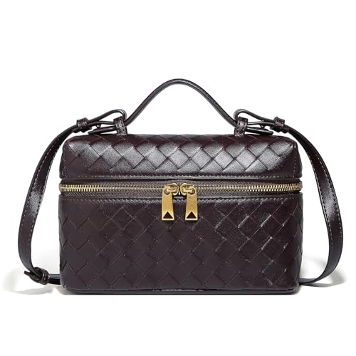 Trendige gewebte Crossbody-Tasche für Damen, niedliche Umhängetasche, quadratische Box, Mini-PU-Leder, Tragegriff oben, Handtasche, Kaffee, Small, Umhängetasche von Honikoo