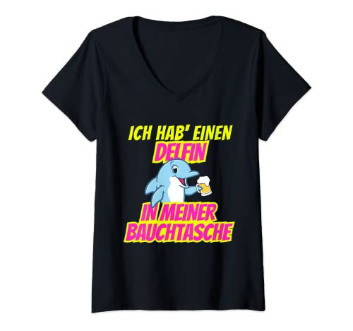 Damen Delfin in meiner Bauchtasche Party Outfit Sommer Mallorca T-Shirt mit V-Ausschnitt Damen Delfin in meiner Bauchtasche Party Outfit Sommer Mallorca T-Shirt mit V-Ausschnitt von Honk Delfin Bauchtasche Isi Malle Opening Party