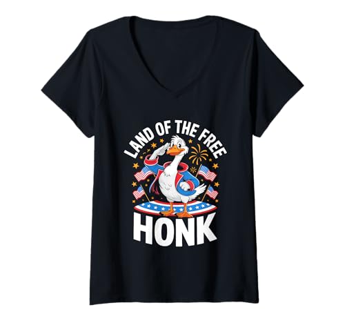 Damen Funny Patriotic Goose 4th of July USA Flag T-Shirt mit V-Ausschnitt Damen Funny Patriotic Goose 4th of July USA Flag T-Shirt mit V-Ausschnitt von Honk Parade Patriotic Goose 4th July Tees