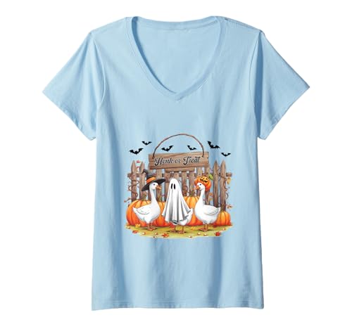 Damen Honk or Treat Gans Shirt DREI Gans Halloween Kürbis T-Shirt mit V-Ausschnitt Damen Honk or Treat Gans Shirt DREI Gans Halloween Kürbis T-Shirt mit V-Ausschnitt von Honk or Treat Goose Tee Shirts for Kids Adults