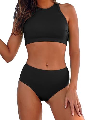 Damen Zweiteiliger Tankini Badeanzüge Gerippter Sport Hohe Taille Bikini Set Hoher Kragen Badeanzug Bauchkontrolle für Teenager Mädchen, Schwarz, S von Honlyps