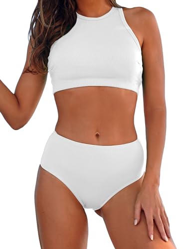 Damen Zweiteiliger Tankini Badeanzüge Gerippter Sport Hohe Taille Bikini Set Hoher Kragen Badeanzug Bauchkontrolle für Teenager Mädchen, Weiss/opulenter Garten, S von Honlyps