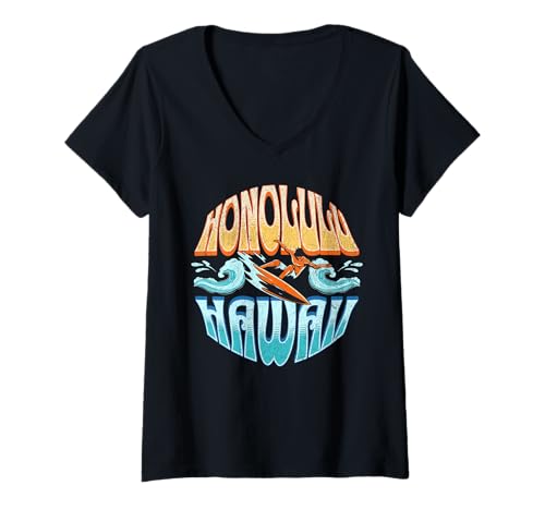 Damen Honolulu Hawaii T-Shirt mit V-Ausschnitt Damen Honolulu Hawaii T-Shirt mit V-Ausschnitt von Honolulu Beach Hawaii Surfing Surf Ocean Vintage