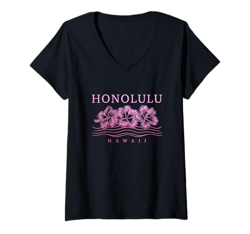 Damen Honolulu Hawaii Hawaiianisches Hibiskus-Surfer-Souvenir T-Shirt mit V-Ausschnitt Damen Honolulu Hawaii Hawaiianisches Hibiskus-Surfer-Souvenir T-Shirt mit V-Ausschnitt von Honolulu Hawaii - Hawaiian Surf Apparel Co.