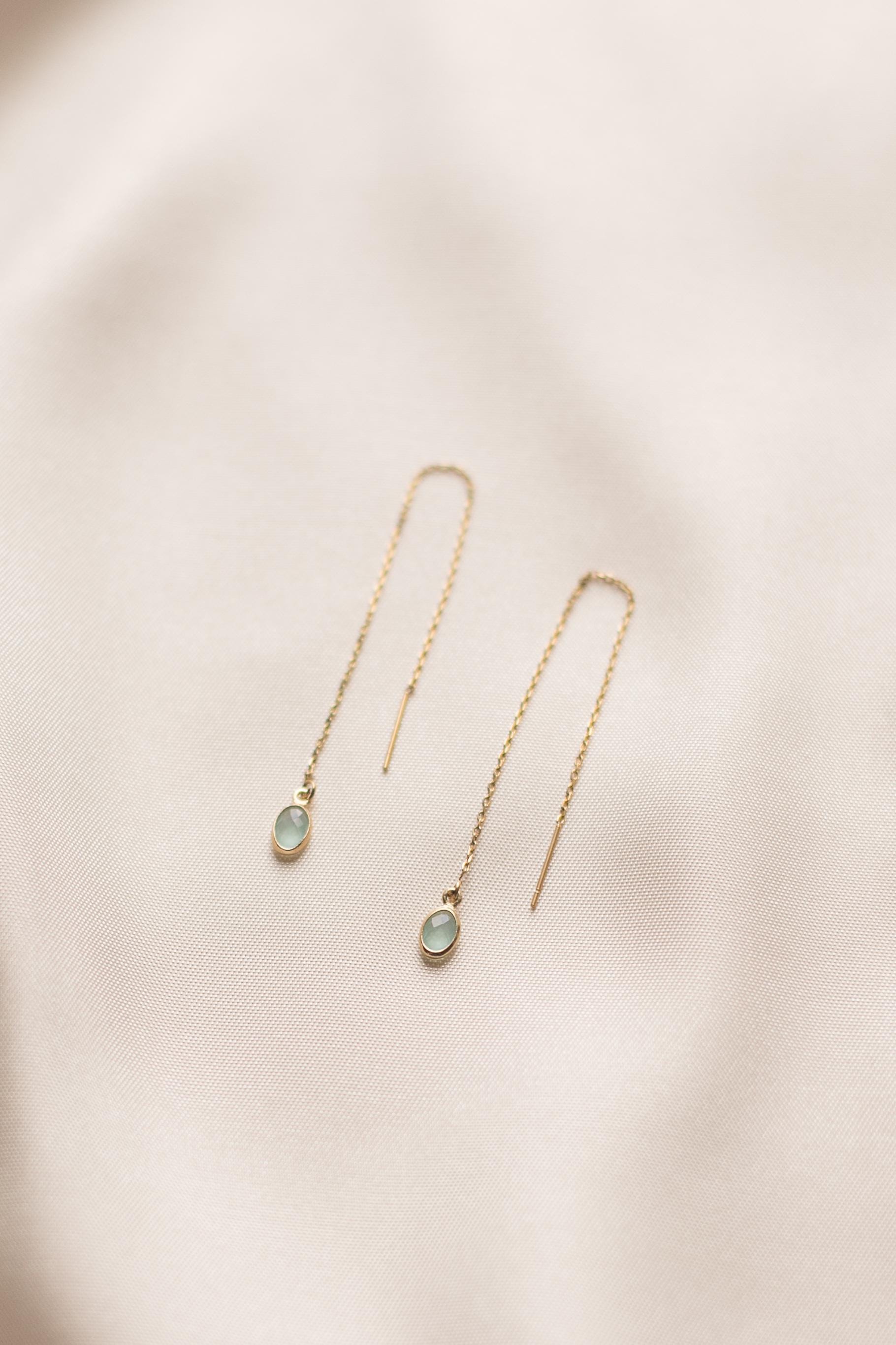 Lilian | Fädelohrringe Gold/Silber Mit Jade-Farbenem Anhänger Durchziehohrringe Einfädler Threader von HonorJewelry