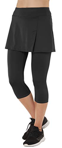 HonorSport Caprihose Leggings mit Rock Seitenschlitz Tennisrock 2 in 1 3/4, Schwarz, M/EU40-42/Taillenumfang:73-79cm von Westkun