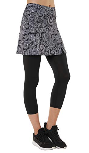 HonorSport Caprihose Leggings mit Rock Seitenschlitz Tennisrock 2 in 1 3/4, schwarz/weiß, L EU von Westkun