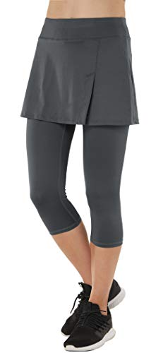 HonorSport Caprihose Leggings mit Rock Seitenschlitz Tennisrock 2 in 1 3/4, grau, XL/EU46-48/Taillenumfang:86-93cm von Westkun