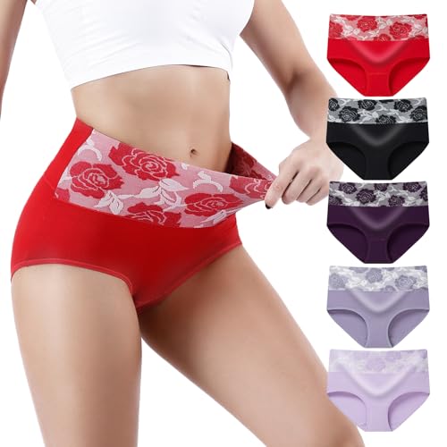 Honzadar Unterhosen Damen Baumwolle Hohe Taille Unterwäsche Stretch Bauchkontrolle Taillenslip,Mehrpack,(Multicolored C-5Pack) Gr.M von Honzadar