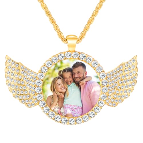HooAMI Kette mit Bild, Personalisierte Kette Anhänger Halskette Gravur Text/Photo Personalisierte Geschenke für Mutter Mädchen Frauen Herren (Goldener Engelsflügel) von HooAMI