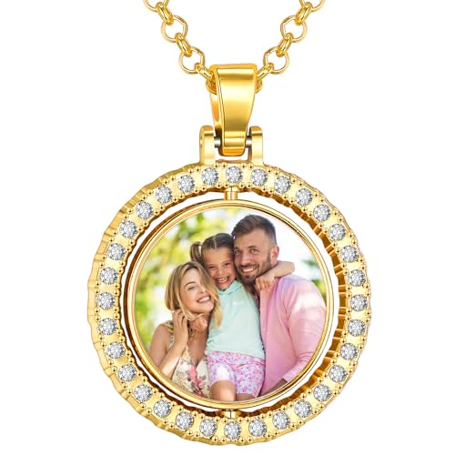 HooAMI Kette mit Bild, Personalisierte Kette Anhänger Halskette Gravur Text/Photo Personalisierte Geschenke für Mutter Mädchen Frauen Herren (Goldenes Rund) von HooAMI
