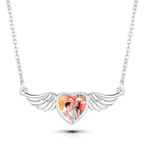 HooAMI Kette mit Bild, Personalisierte Kette Anhänger Halskette Gravur Text/Photo Personalisierte Geschenke für Mutter Mädchen Frauen Herren (Herz Engelsflügel) von HooAMI