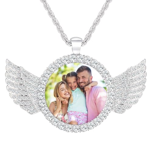 HooAMI Kette mit Bild, Personalisierte Kette Anhänger Halskette Gravur Text/Photo Personalisierte Geschenke für Mutter Mädchen Frauen Herren (Silberner Engelsflügel) von HooAMI