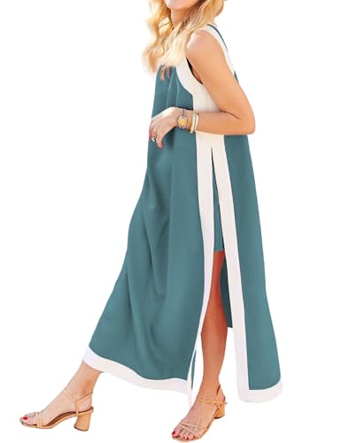 Hooever 2-teiliges Damen-Maxikleid im Boho-Stil, ärmellos, passende Shorts mit Taschen, Blaugrün/Ein Hauch von Paradies (Trace of Paradise), Mittel von Hooever