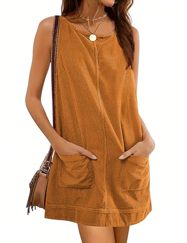 Hooever Damen Cord Overall Kleid Rundhals A-Linie Rock Tall Jumper Minikleid Latzhose mit Taschen, Khaki, X-Klein von Hooever