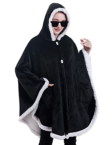 Hooever Damen-Kapuzenponcho mit Kapuze, Sherpa-Fleece, mit Knopf, Flanell, Cape - Schwarz - Einheitsgröße von Hooever