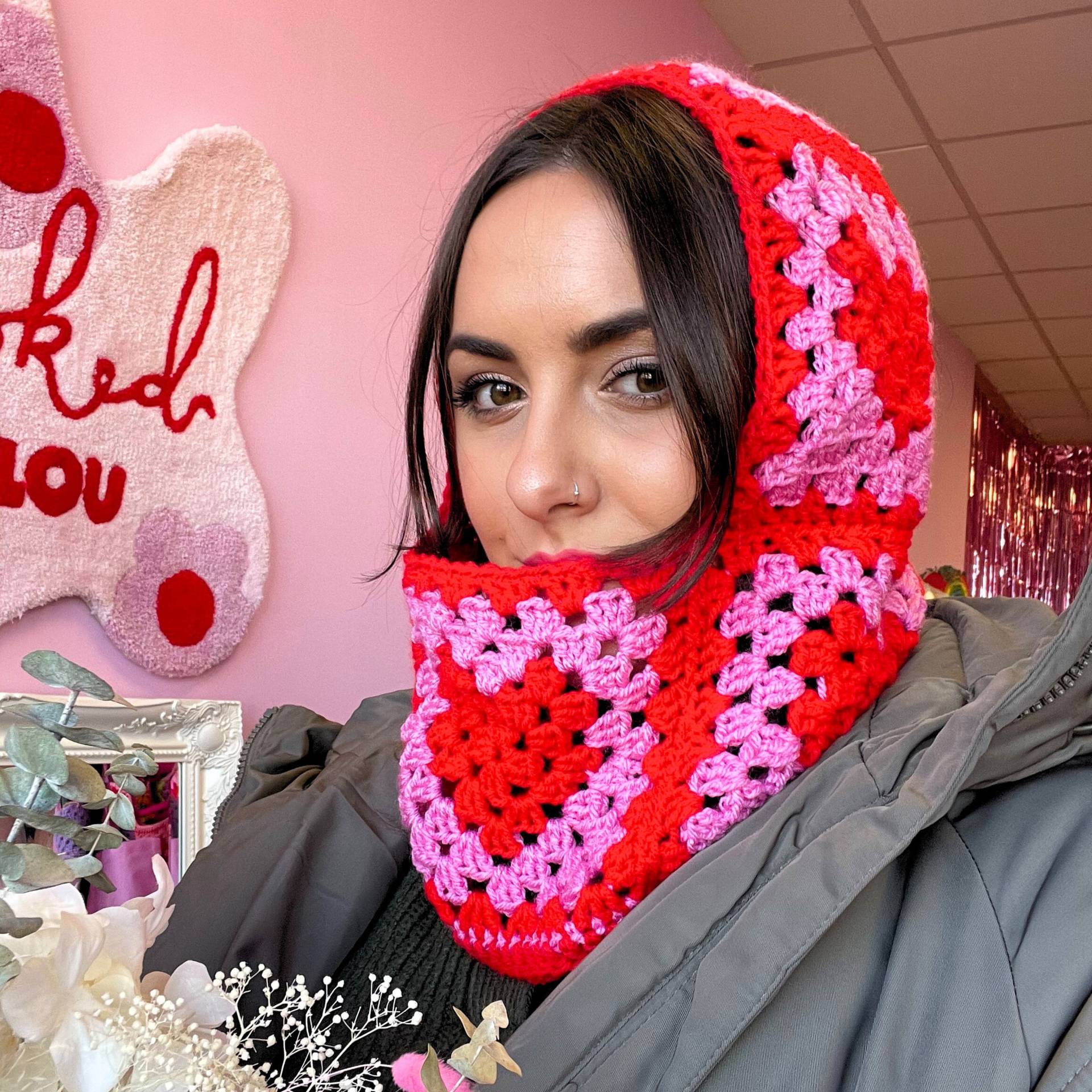 Handgemachte Gehäkelte Balaclava Rot & Pink Gestrickte Ski-Maske Handgemachte Gehäkelte Balaclava Rot & Pink Gestrickte Ski-Maske von HookedByLouShop