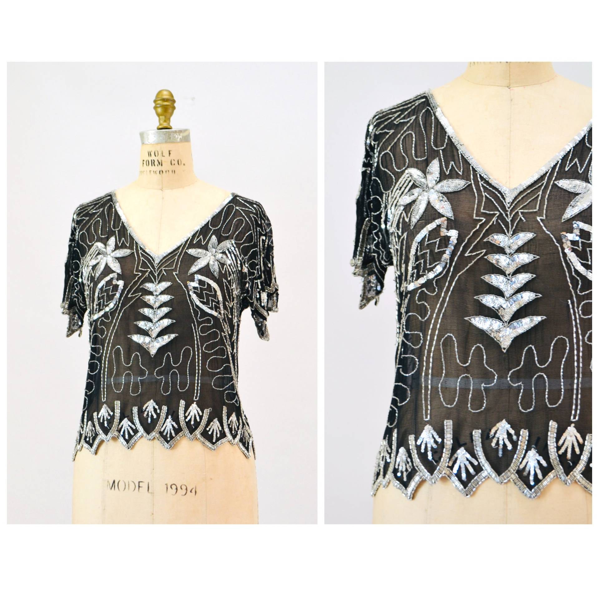 70Er 80Er Jahre Glam Vintage Schwarz Silber Pailletten Top Shirt Klein Medium Art Deco Flapper Disco Inspiriert Metallic Seide von Hookedonhoney