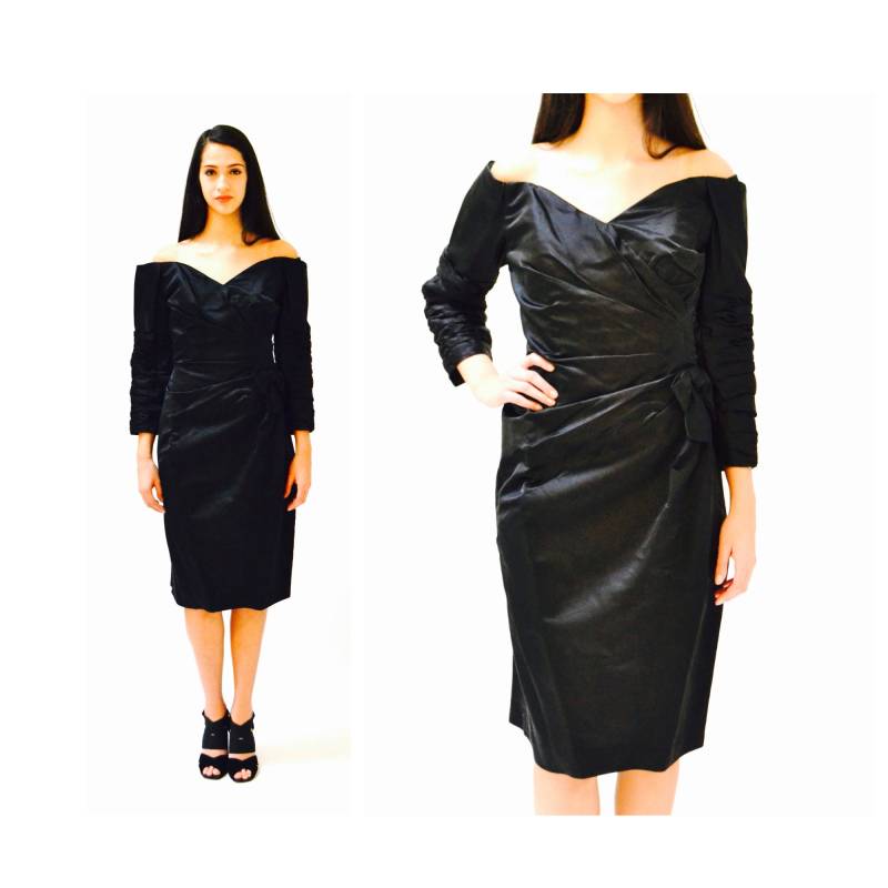 80Er 90Er Vintage Kleid Schwarz Gr. Large Schulterfrei Langarm By Victor Costa// Schwarzes Abschlussball Party Cocktailkleid von Hookedonhoney