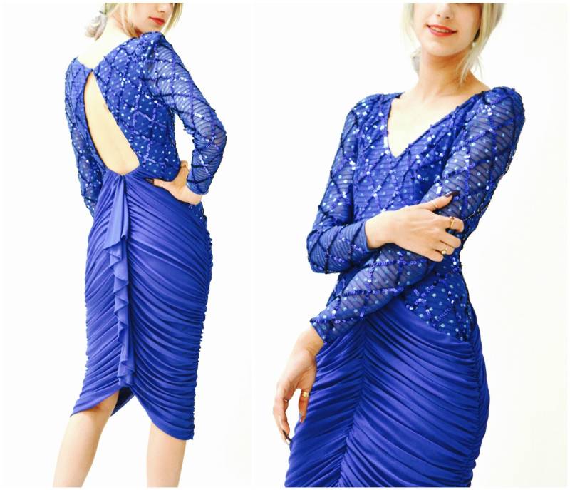 80Er Abendkleid Blau 70Er Disco Body Con Stretch Strickkleid Xs Metallic Pailletten Kleid Party Pageant Lange Ärmel Offener Rücken von Hookedonhoney